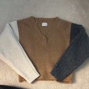 Colorblock V-Neck Sweater - Brown, Gray, and Cream